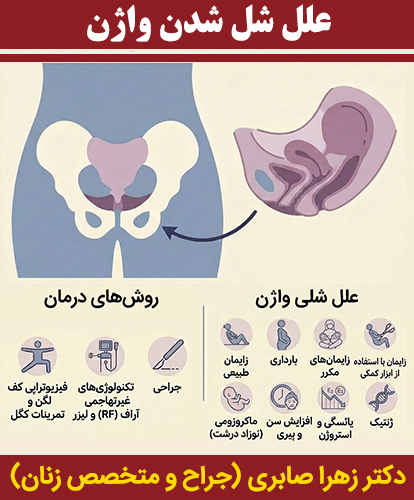 اینفوگرافیک پزشکی علل شل شدن واژن (مانند زایمان طبیعی، بارداری، افزایش سن، یائسگی و ژنتیک) و روش‌های درمان آن شامل جراحی، تکنولوژی‌های غیرتهاجمی (آر اف و لیزر) و فیزیوتراپی کف لگن