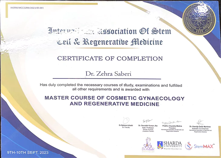 گواهی Master Course of Cosmetic Gynaecology and Regenerative Medicine دکتر زهرا صابری، سپتامبر ۲۰۲۳