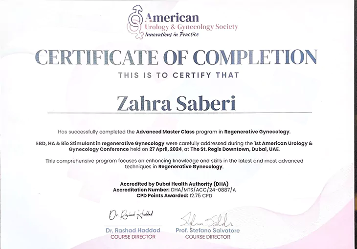 گواهی Advanced Master Class in Regenerative Gynecology دکتر زهرا صابری در دبی، آوریل ۲۰۲۴